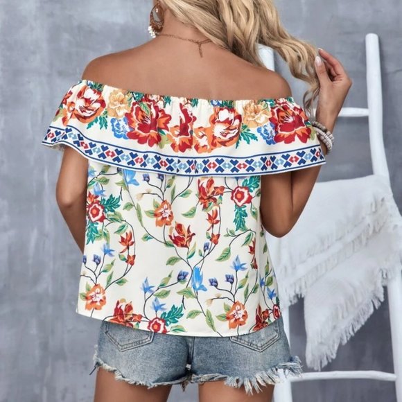 Boho Floral Off Shoulder Ruffle Trim Blouse Top Multi color - Picture 4 of 7